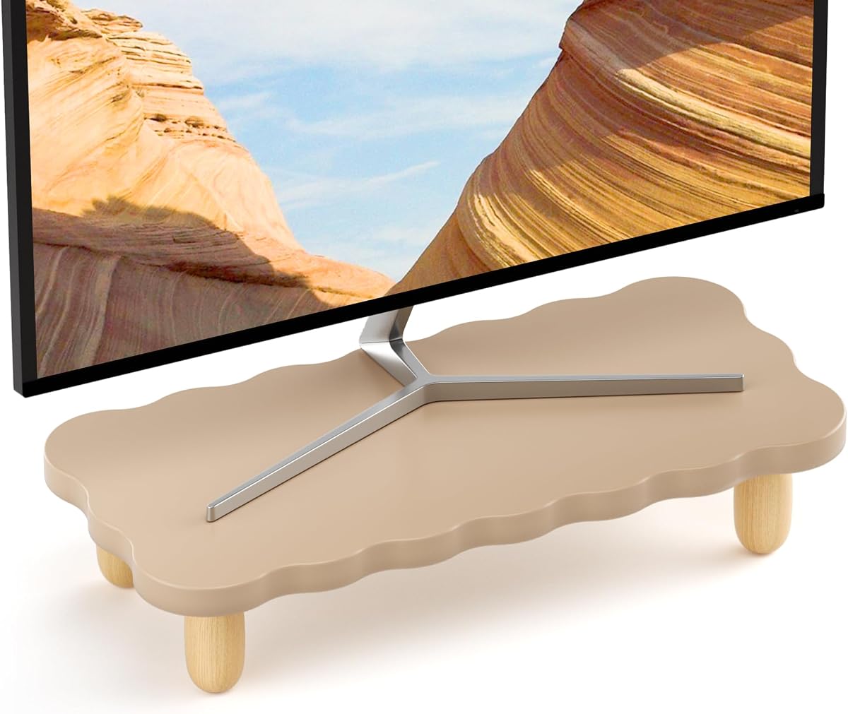 AFOOYO Monitor Stand Riser,Cookie-Shaped Sturdy Wood Computer Monitor Stand, Monitor Stand Riser, Multi-Purpose Desktop Organizer Riser for Computer,Laptop,Printer,TV,khaki