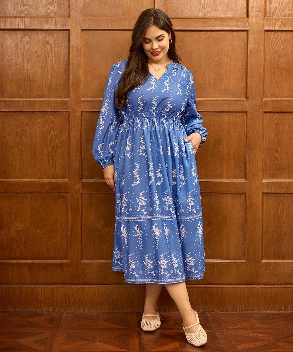 TIYOMI Womens Plus Size Dresses Fall Long Sleeve Maxi Dresses V Neck Floral Spring Dress with Pockets XL-5XL (14W-28W) - Image 3