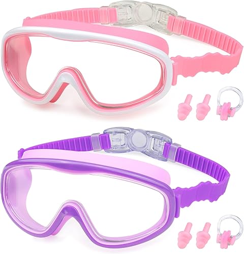 Miniatura 10 de KAILIMENG Gafas de natación para niños, paquete de 2 gafas de natación para edades de 3 a 15 años, antivaho y anti-rayos UV Cear de visión amplia