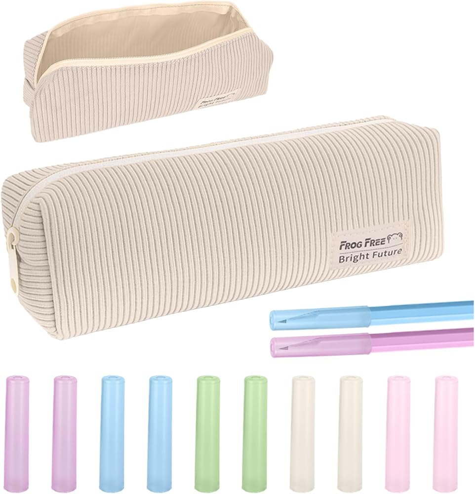 Fyore Pennenetui, PU leren pennenetui kleine pennenzak met ritssluiting, beige, 19x5.5x7cm, mode
