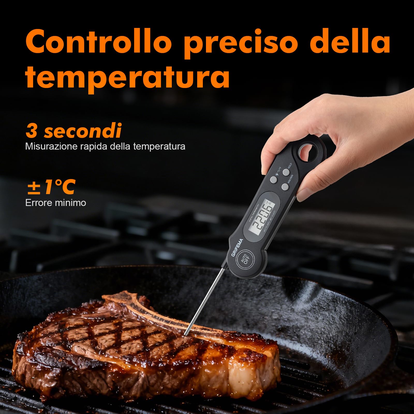 GRIFEMA GA2801 Termometro da Cucina Pieghevole Digitale per Alimenti Nero