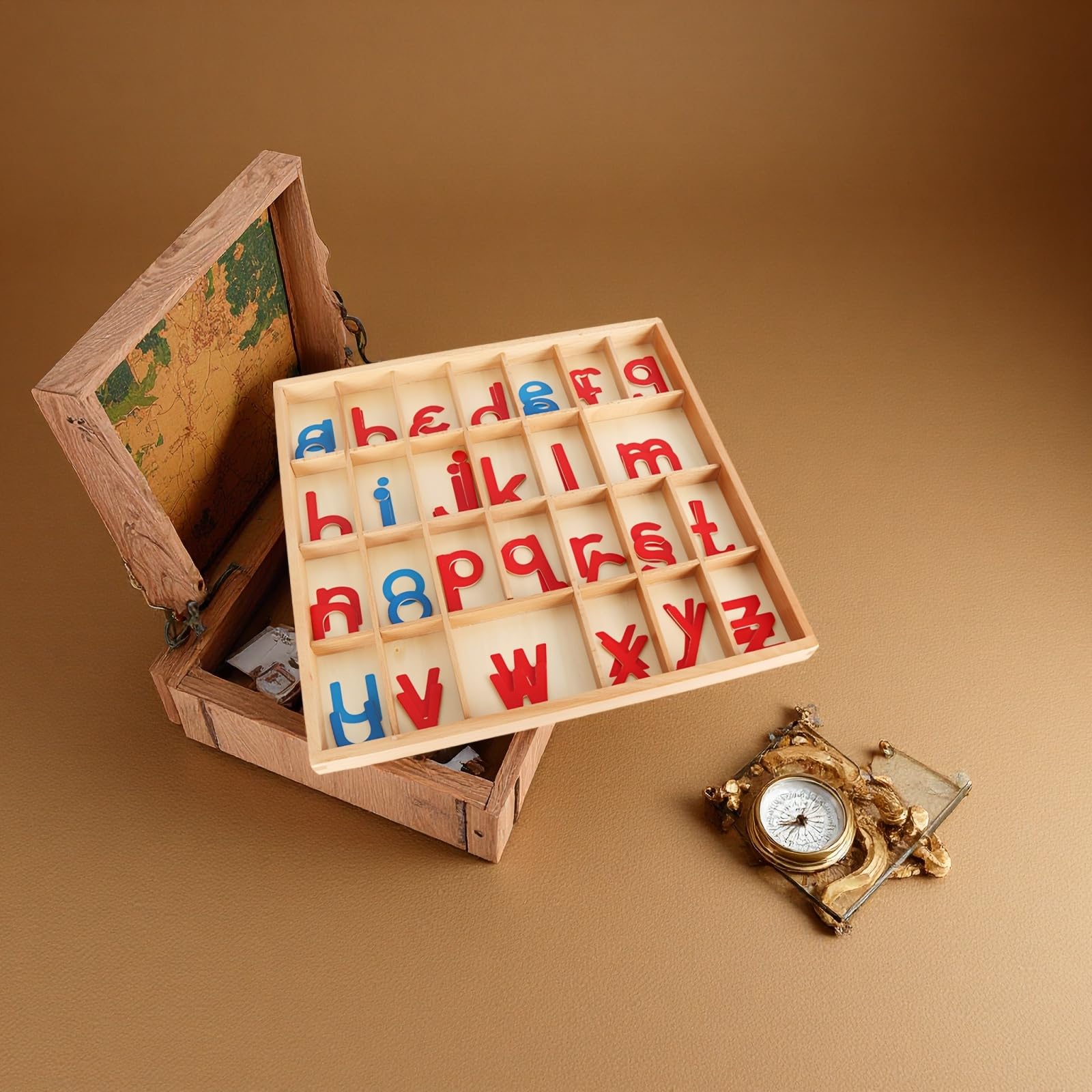 Alfabeto móvil con caja y manta, alfabetos de madera para educación temprana, letras cursivas pequeñas, consonantes rojas y vocales azules, 13.6 x 13 x 1 pulgadas