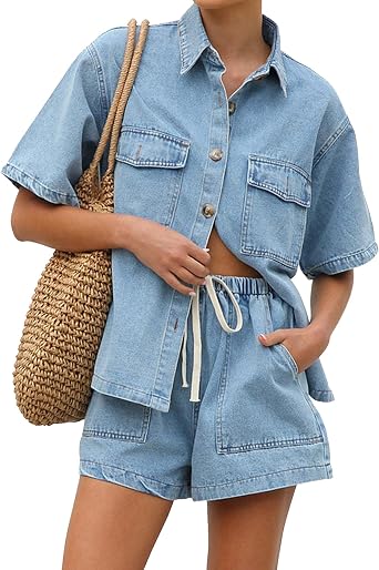 Womens Denim Shorts Set 2 Piece Outfits Short Sleeve Button Down Jean Shirts and Shorts Matching Sets