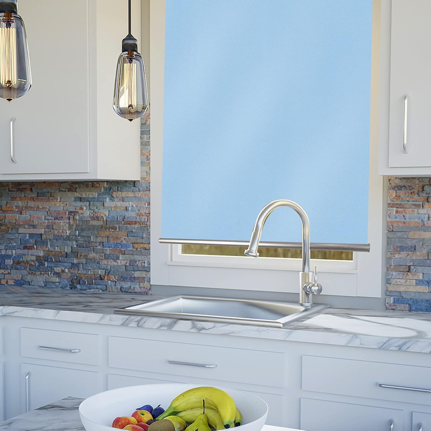 LETAU Kitchen Bathroom Waterproof Window Shades, Cordless 100% Blackout Waterproof Oilproof and Mildew Resistent, Provide Privacy and Easy Care Blue Window Blinds
