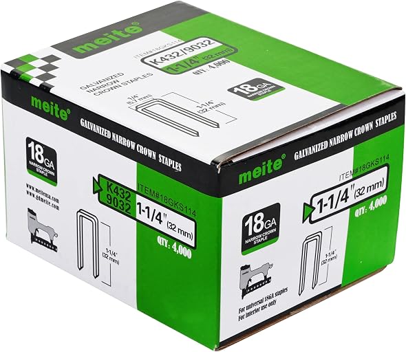 meite 18 Gauge 1/4-Inch Narrow Crown Staples, 1-1/4-Inch Length Heavy Duty Galvanized Upholstery Staples for Electric or Pneumatic Narrow Crown Stapler Guns (4,000 PCS)