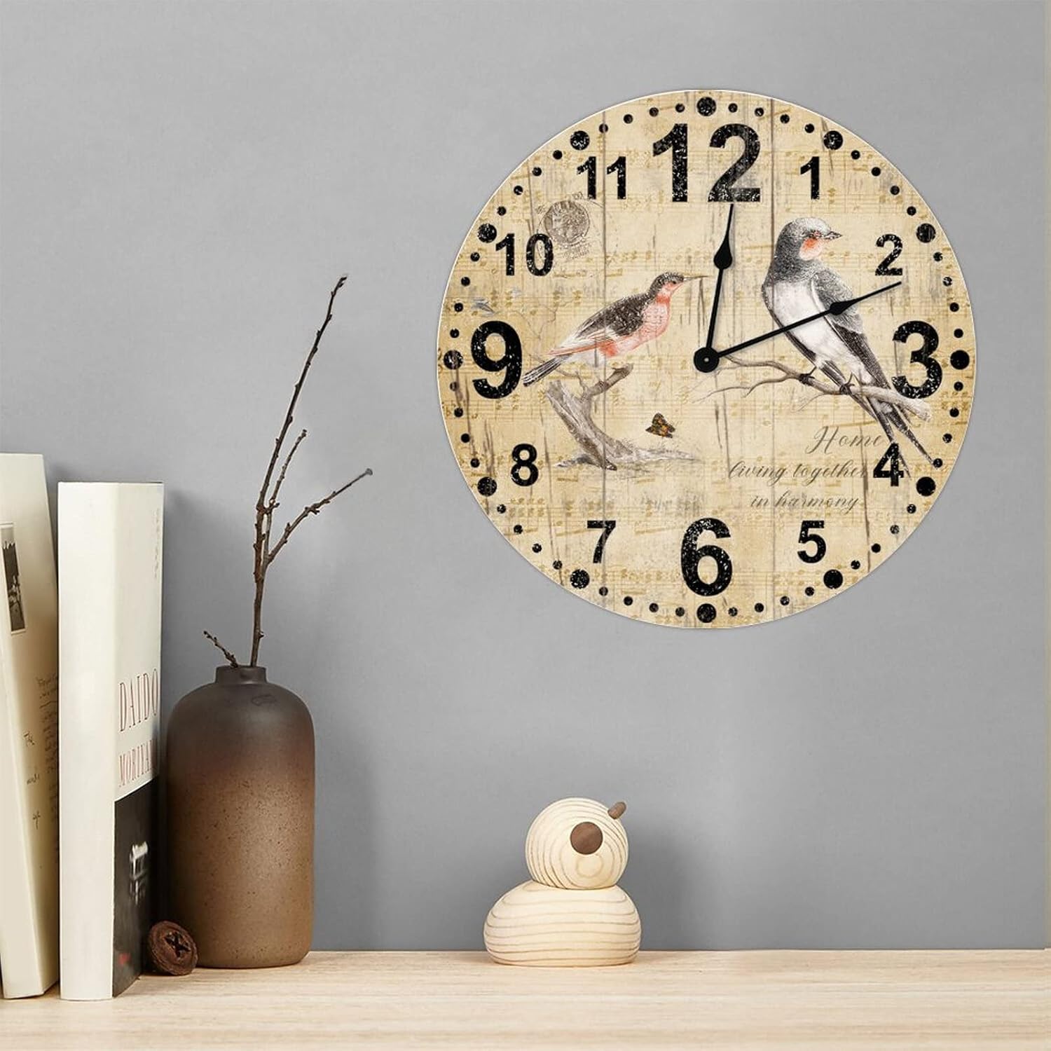 Non-Ticking Arabic Numerals Wall Clock 15 Inch Vintage Round Battery Operated Singing Bird Lovely Animal Cartoon for Home Kitchen Farmhouse Birthday