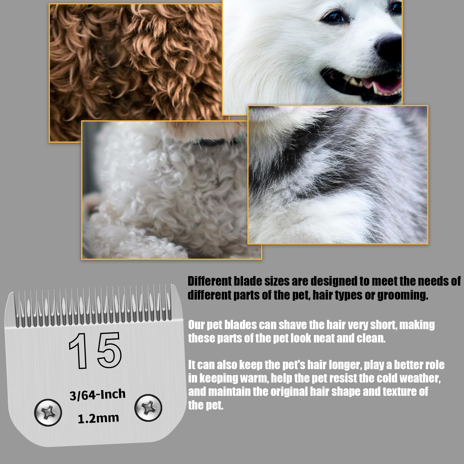 Confezione da 3 lame in acciaio inossidabile da 15# per la toelettatura di cani, compatibili con Andis, Oster A5,Heiniger,moser max 50 Wahl, lama da 15#, lunghezza di taglio da 3/64 pollici e 1,2 mm