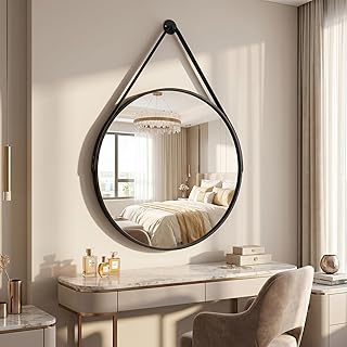 HARRITPURE Black Round Mirror with Hanging Leather Strap, 20