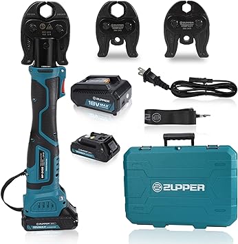 ZUPPER Compact Press Tool Kit,18V Electric Pipe Crimping Tool for 1/2", 3/4", 1" Copper Pipes Brushless Motor Compatible with Propress 2pcs 2Ah Battery