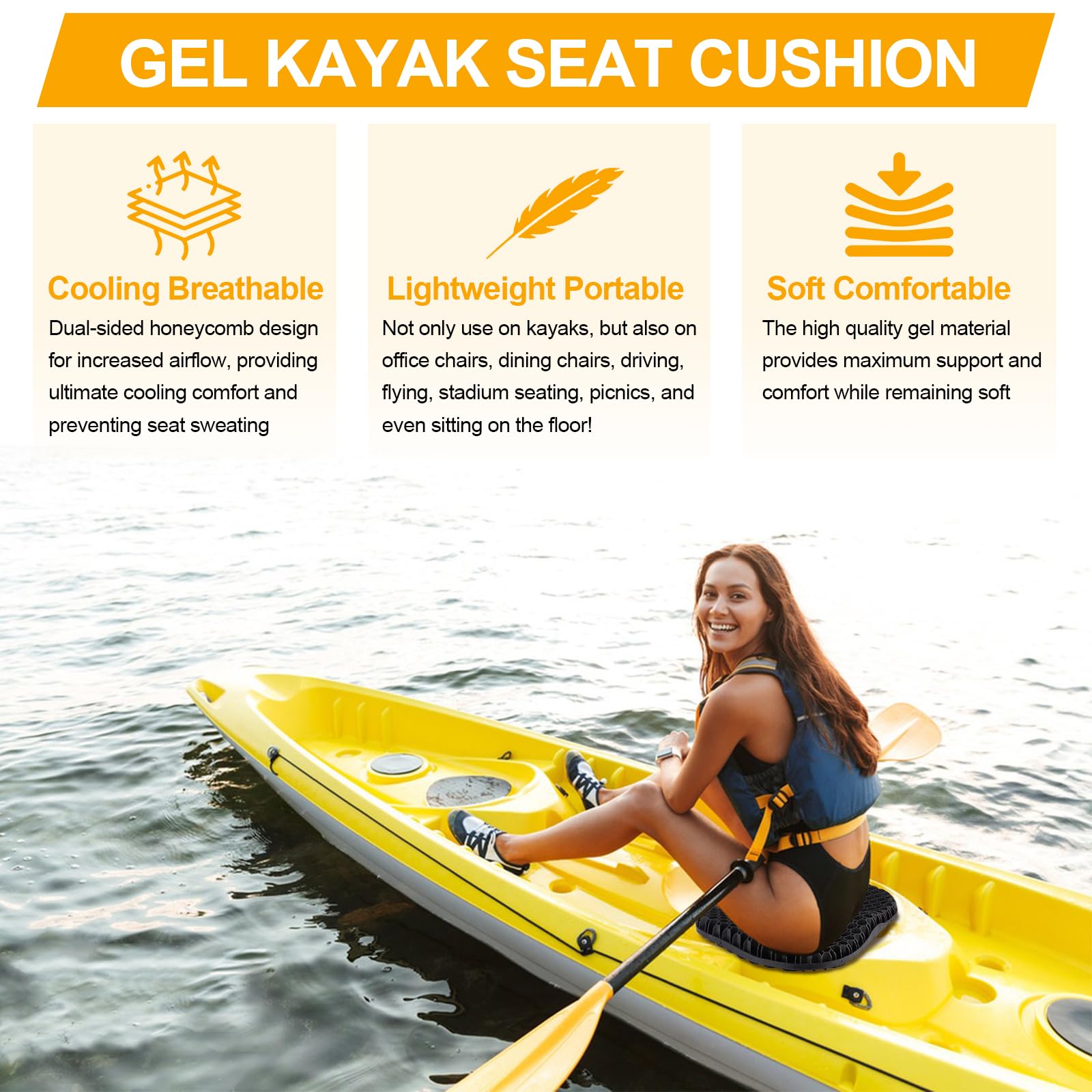 iMiibel Cojín de asiento antideslizante para kayak, grueso e impermeable, almohadilla de asiento de gel con funda antideslizante para sentarse en kayak, canoa inflable y barco, accesorios para kayak