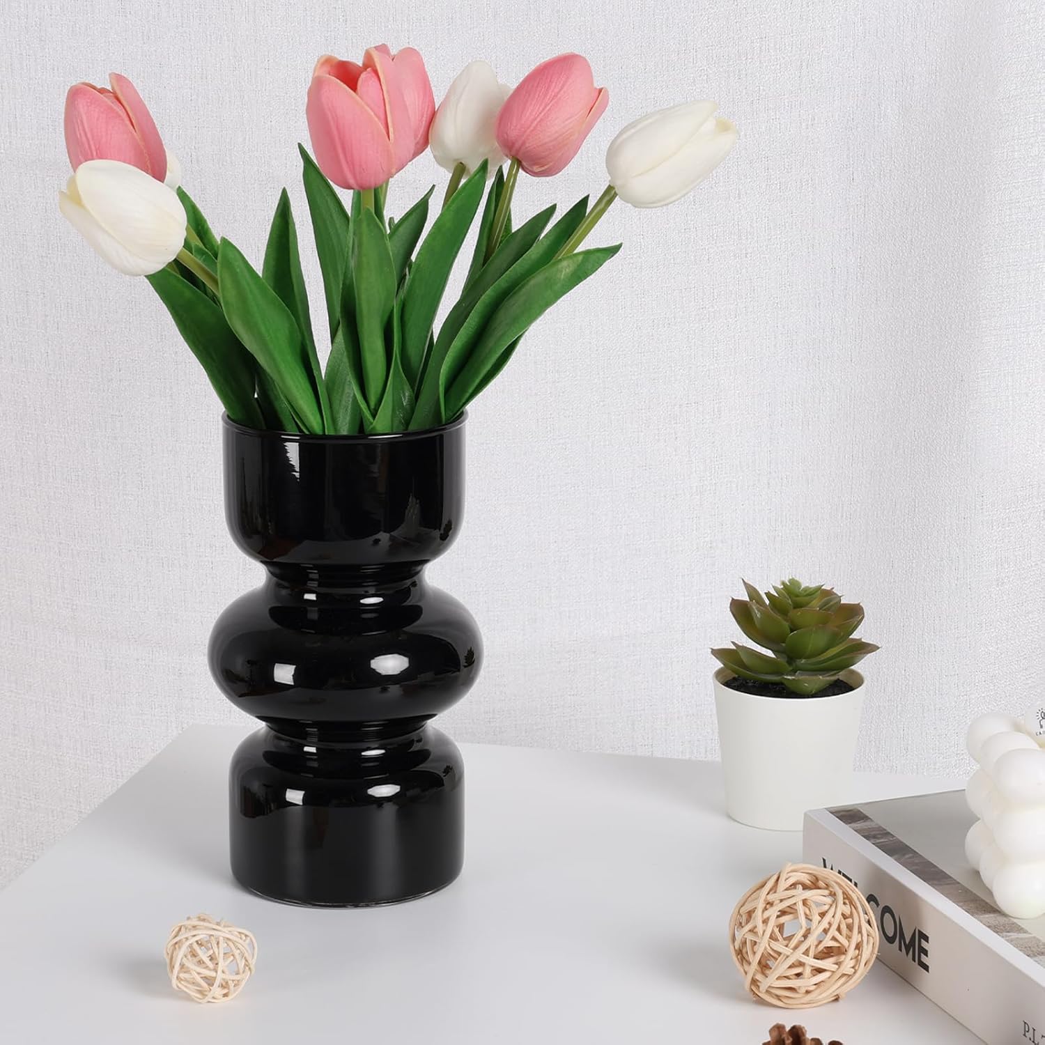 7 Inch Modern Flower Vase-Black Glass Vases for Flowers, Home Decor, Office, Dining Table, Shelf, Counter, Bubble Hydroponic Decorative Vase for Living Room, Kitchen, Wedding Party Decoration - Image 5