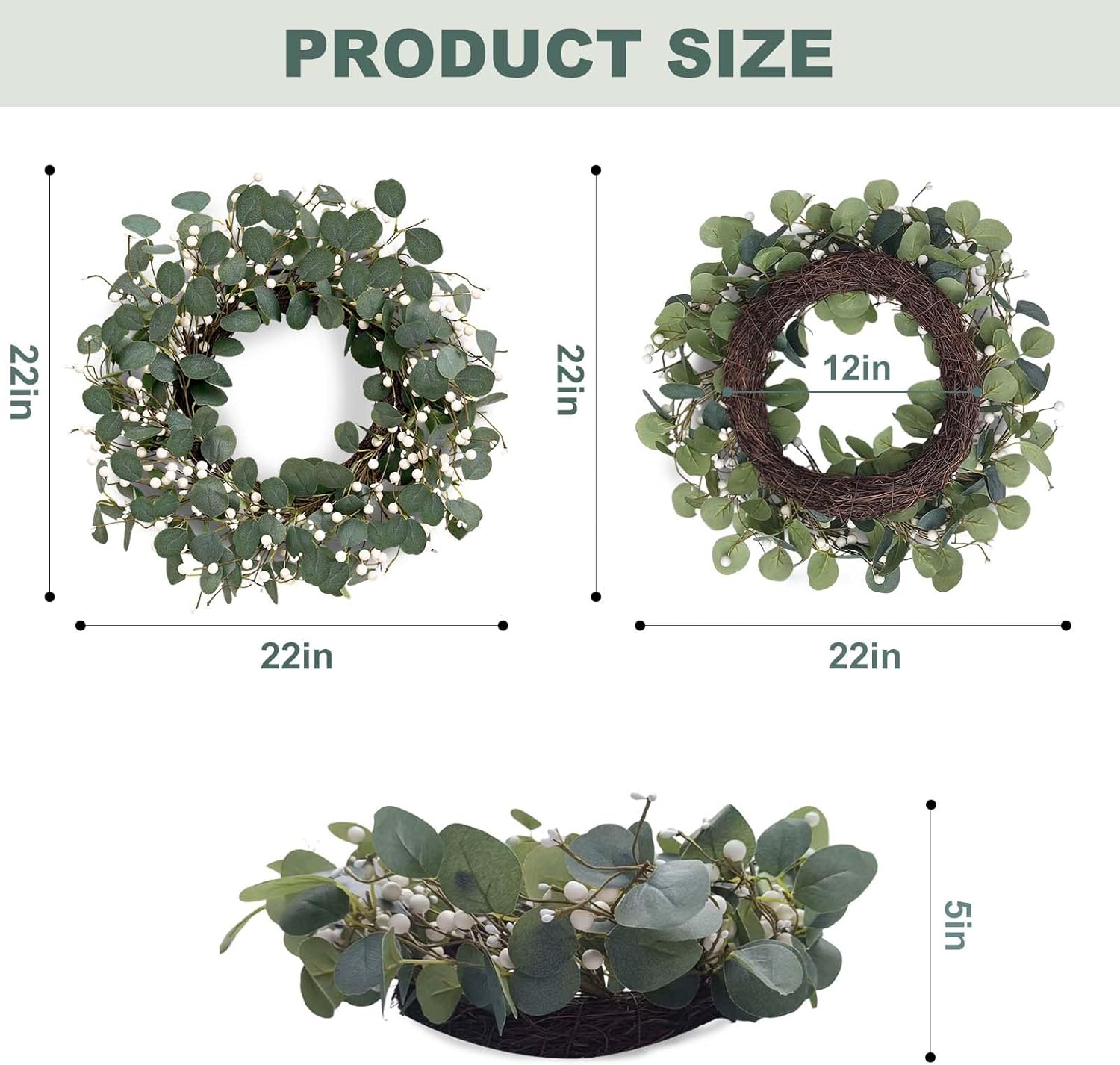 Green Eucalyptus Wreath 22inch Greenery Wreaths for Front Door Artificial Winter Wreath with Green Eucalyptus Leaves White Berries for Winter Christmas Window Wall Indoor Holiday Decoration - Image 4