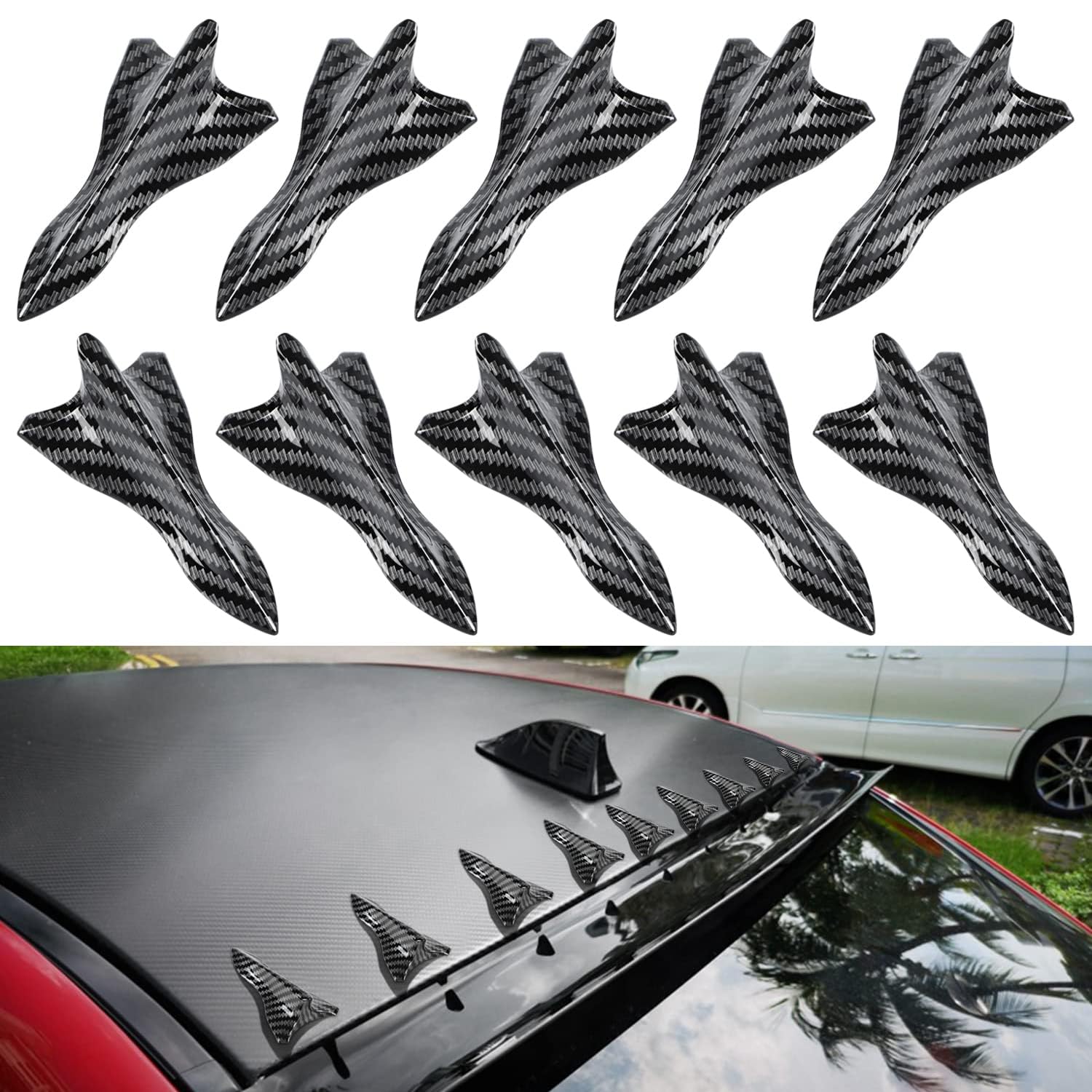 TERRIFI 10Pcs Air Vortex Generator Diffuser Shark Fin Set, Carbon Fiber Pattern, Compatible with Spoiler Roof Wing, Car Exterior Accessories, Pointed End Style