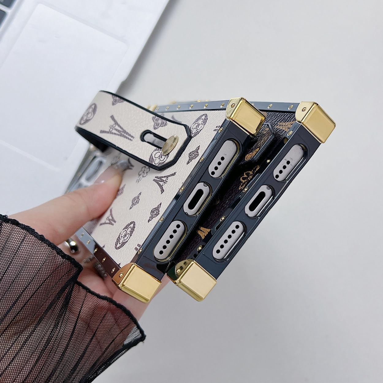 Compatible with iPhone 16 Pro Max Case Luxury Designer for Women Girls,Rectangle Leather with Wristband Strap Kickstand Holder Protective Cover for 16 Pro Max - 6.9 inch(Brown) - Image 6