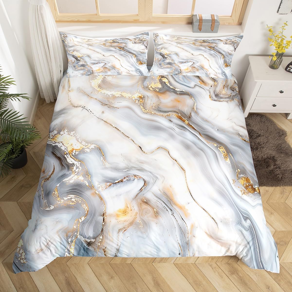 Juego de ropa de cama de mármol gris dorado para niños y adultos, funda de edredón de textura geométrica abstracta de mármol con textura grieta de ladrillo y lino con 2 fundas de almohada de doble ta