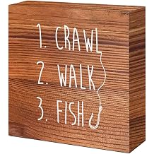 Brown Country Crawl Walk Fish Rustic Wooden Sign Desk Decor,Funny Baby Fishing Wood Block Sign Desk Decorations for Home Bedroom Baby Room Shelf Table Decor