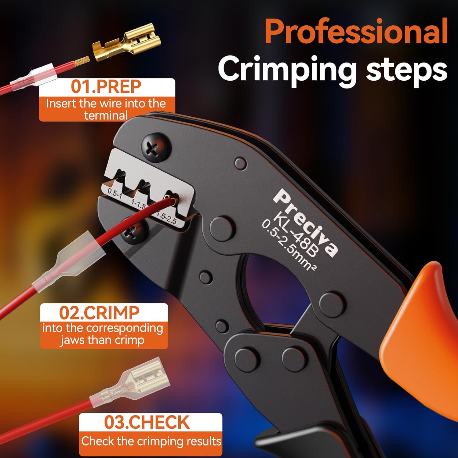 Step 2: Placing the terminal with wire into the crimping tool jaws.