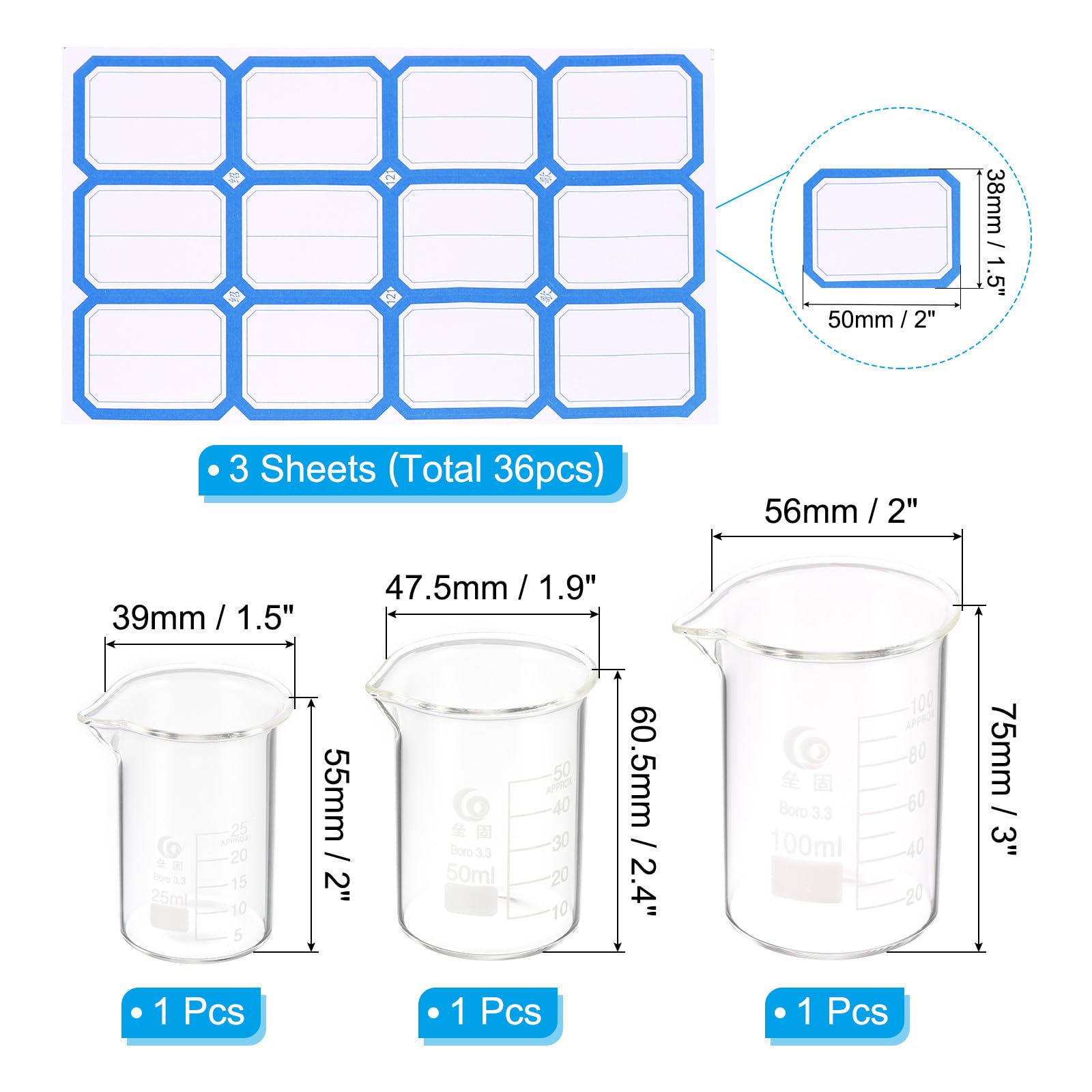 PATIKIL 25/50/100ml Low Form Glass Beaker, 3Pcs 3.3 Borosilicate Glass Beakers Graduated Measuring Cup with Stick Labels for Lab Experiment, Cooking and Baking, Clear