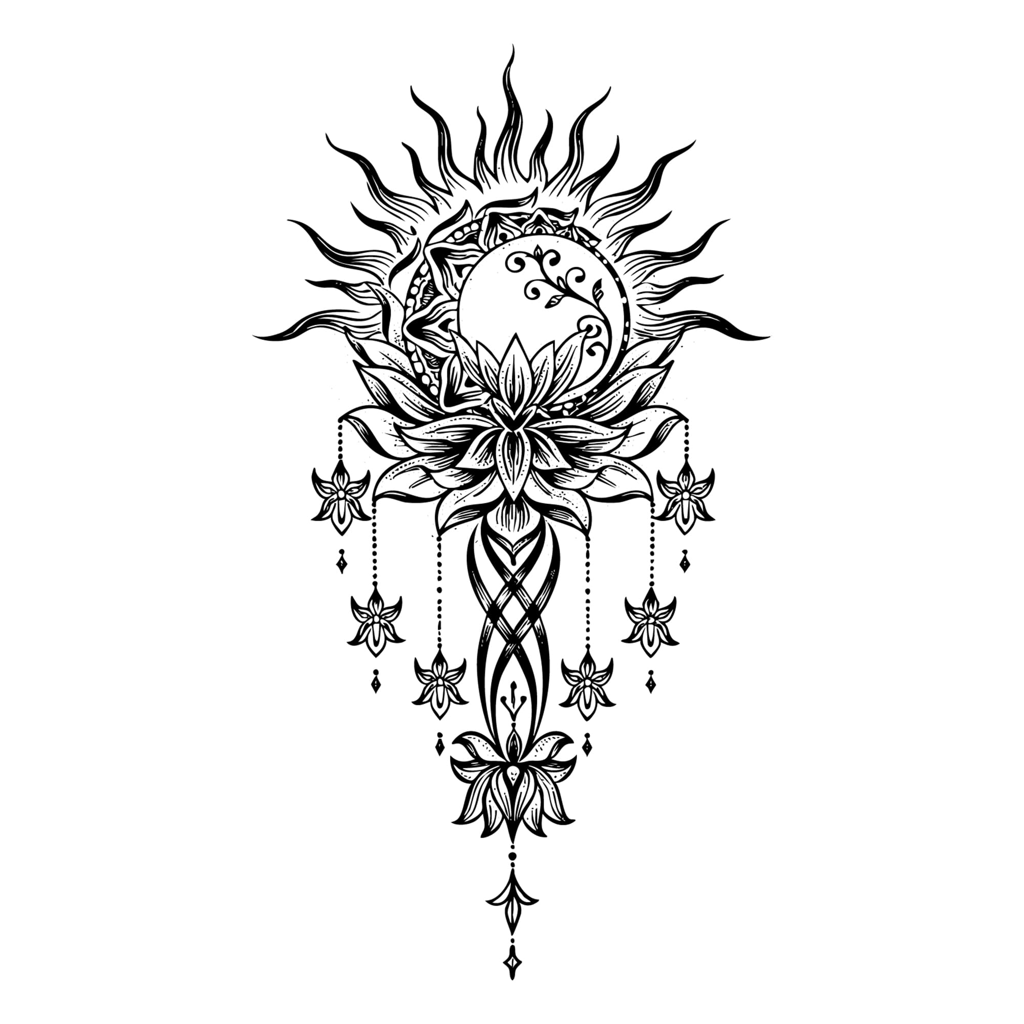 lotus sun moon temporary tattoo for women, large boho mandala floral fake tattoo, celestial spiritual design, waterproof long lasting black ink tattoo sticker, festival body art, elegant minimalist hand arm tattoo