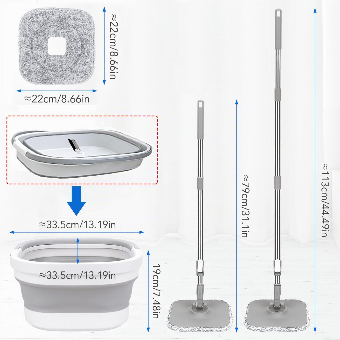 Sgizoku Juego de fregona con cubo plegable, fregona giratoria de 360° con prensa, lavado y secado, con 2 almohadillas de microfibra reutilizables para todo tipo de suelos