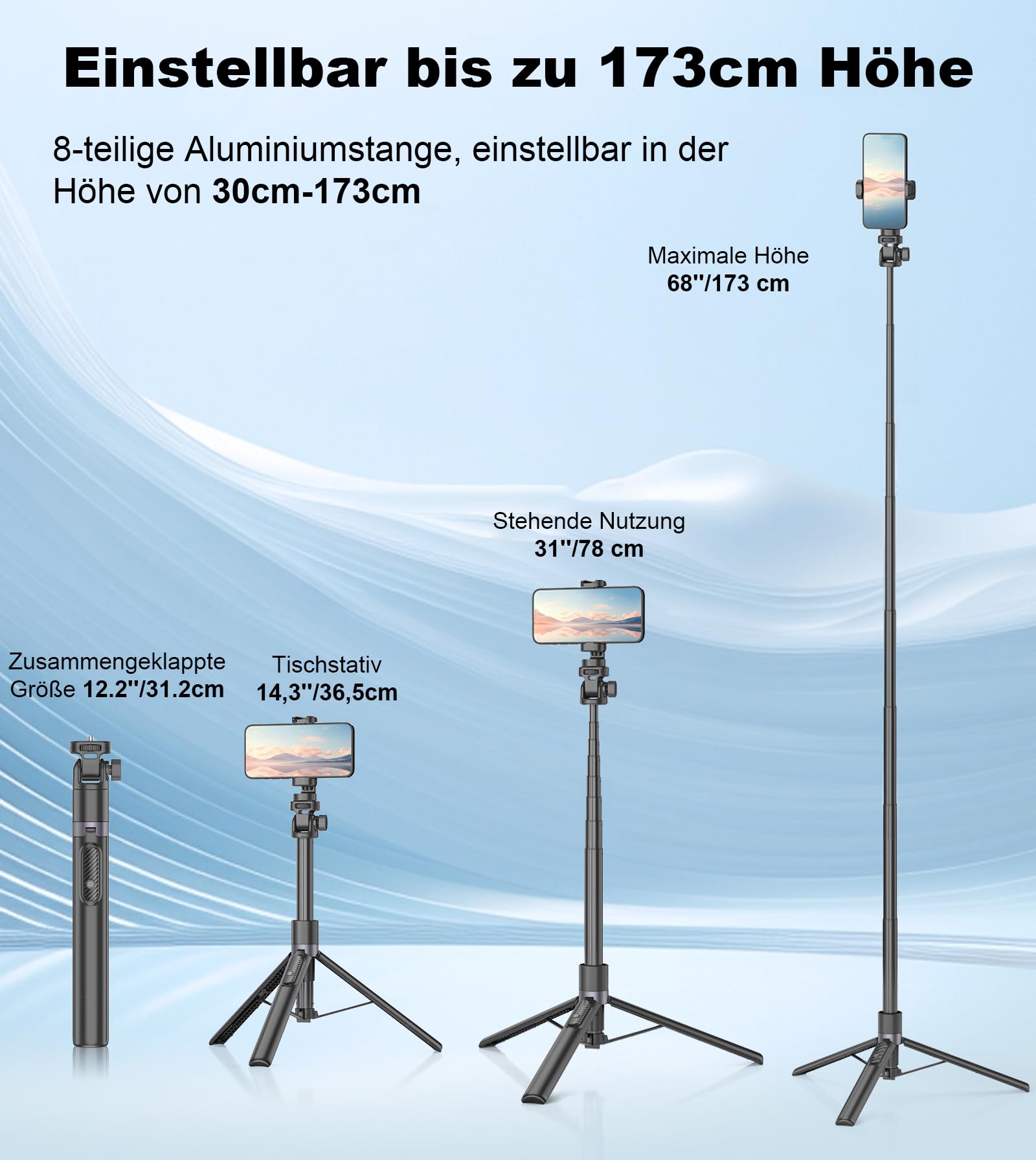 Gahenwo 173cm Selfie Stick Stativ, Einbeinstativ Tripod für Action-Kamera, All-in-1 Handy Stativ mit Fernbedienung,Tragbarer Reisen Telefonstativ-Ständer Foto Video-Kits kompatibel mit iPhone/Android