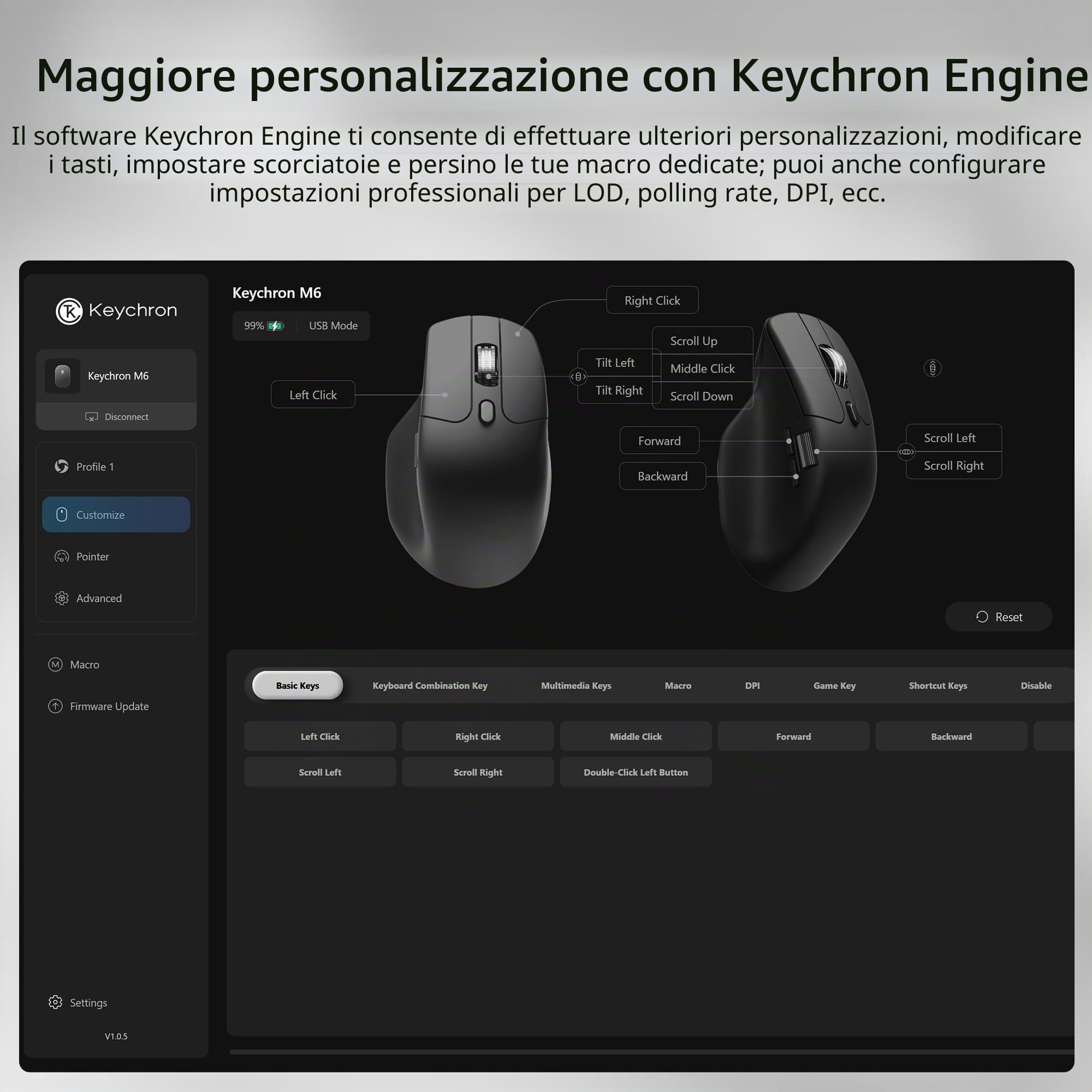 Keychron Mouse wireless M6 1K completamente silenzioso, 2,4 GHz/Bluetooth 5.1/Wired, sensore PixArt 3311, pulsanti programmabili, pulsante di scorrimento laterale, fino a 12.000 DPI/750 IPS leggero