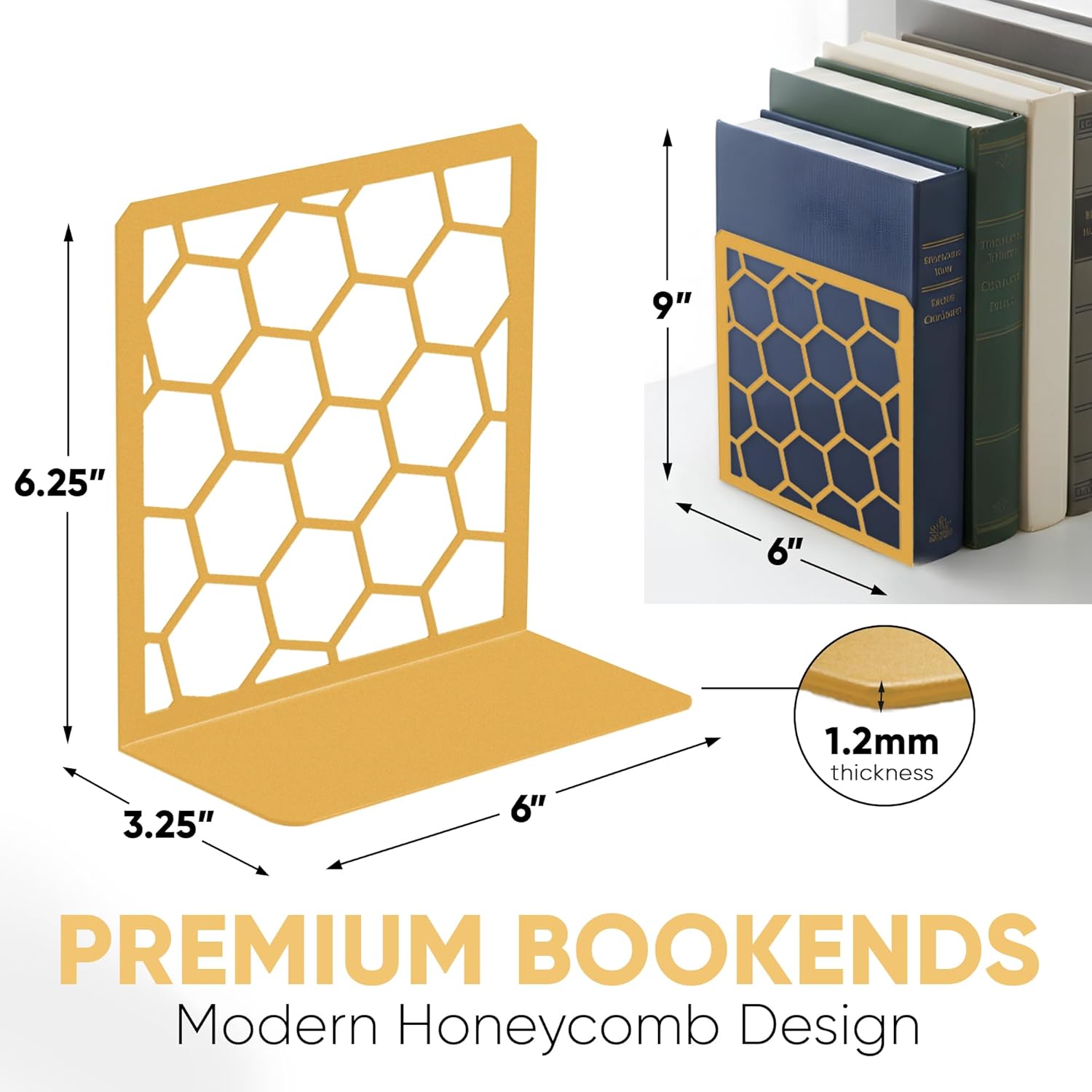 GEOMOD Geometric Honeycomb Gold Metal Bookends Decorative - Tall Sturdy Book Ends for Shelves - Modern Heavy Duty Bookend Stopper - Office or Home Book Shelf Book Holder - 6x3.25x6.25 Inches - 2 Pair
