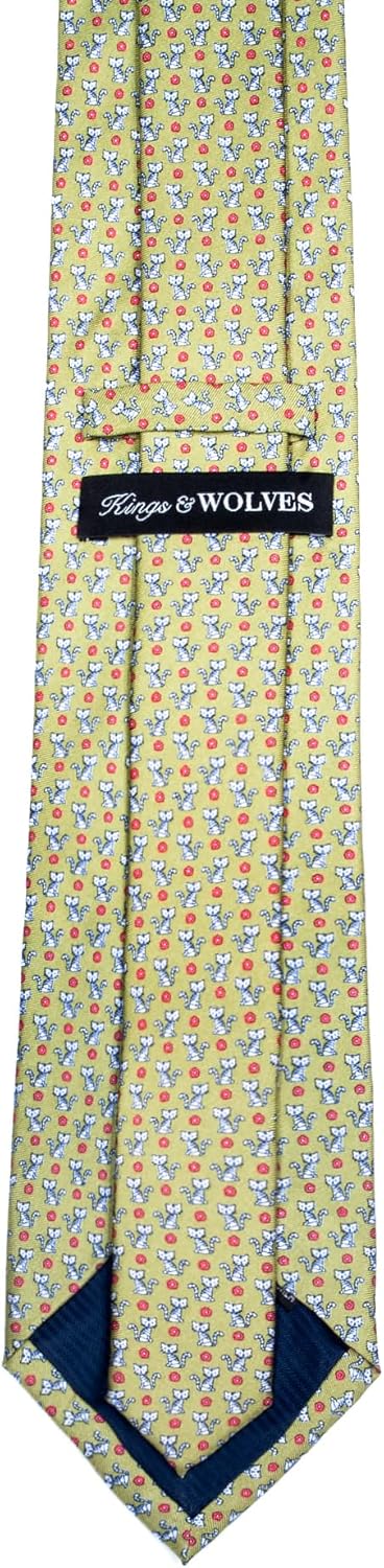 Men's 100% Silk Neckties Cat Printed Tie (Olive Green)