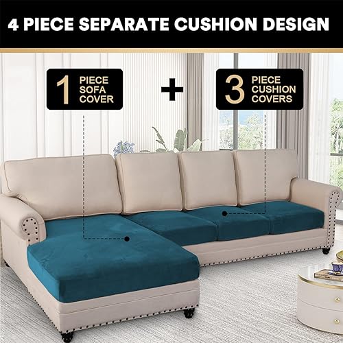 Vista 325 de PrinceDeco Fundas para sofá modular, 4 piezas, fundas de sofá para sofá seccional, fundas de terciopelo separadas para sofá seccional, en forma de L