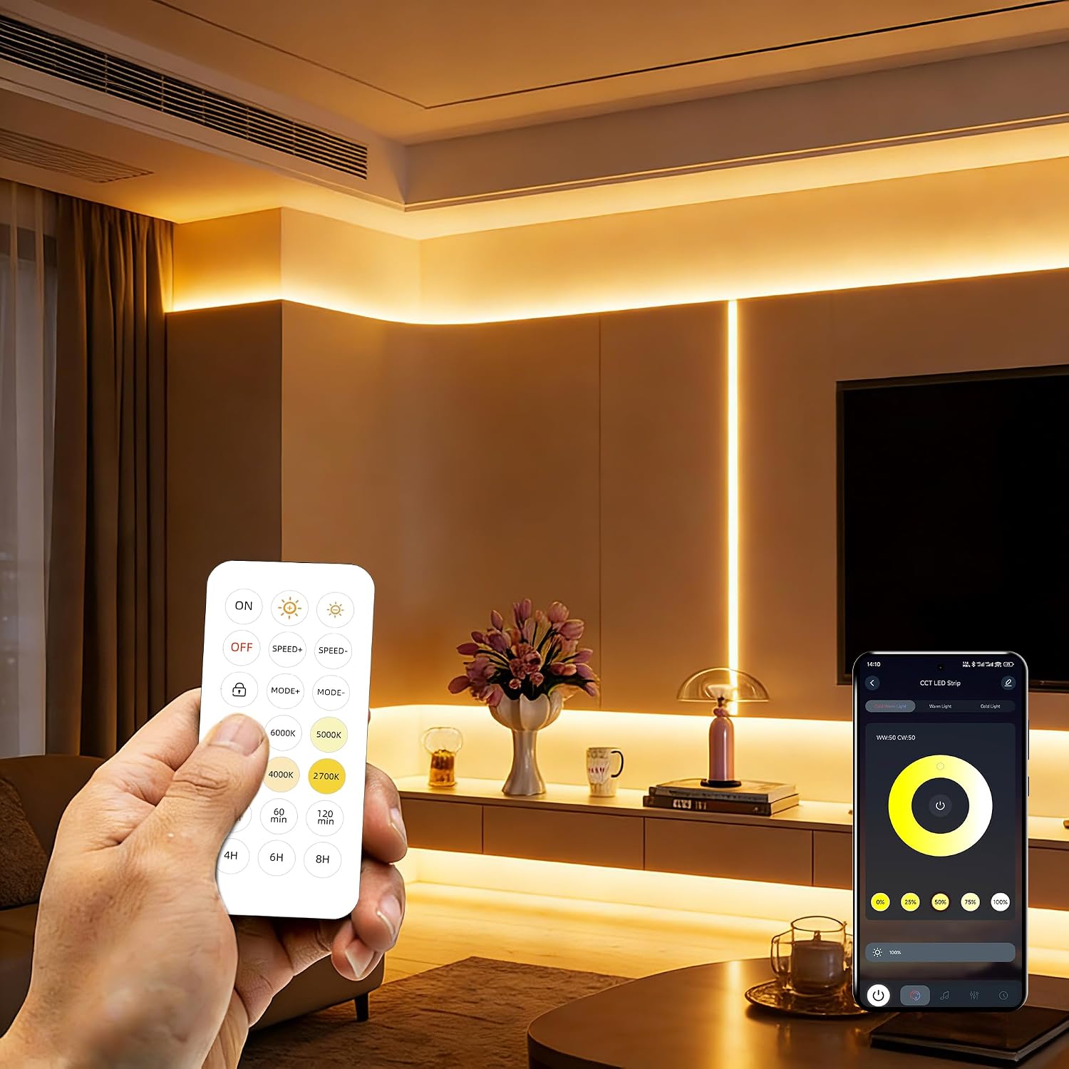 COB LED Strip Lights 49.2ft, Tunable White CCT Warm White to Cool White LED Strip, DC24V Tape Light, CRI92+, Bluetooth App Control, Dimmable Strips for Bedroom, Office, DIY Lighting.