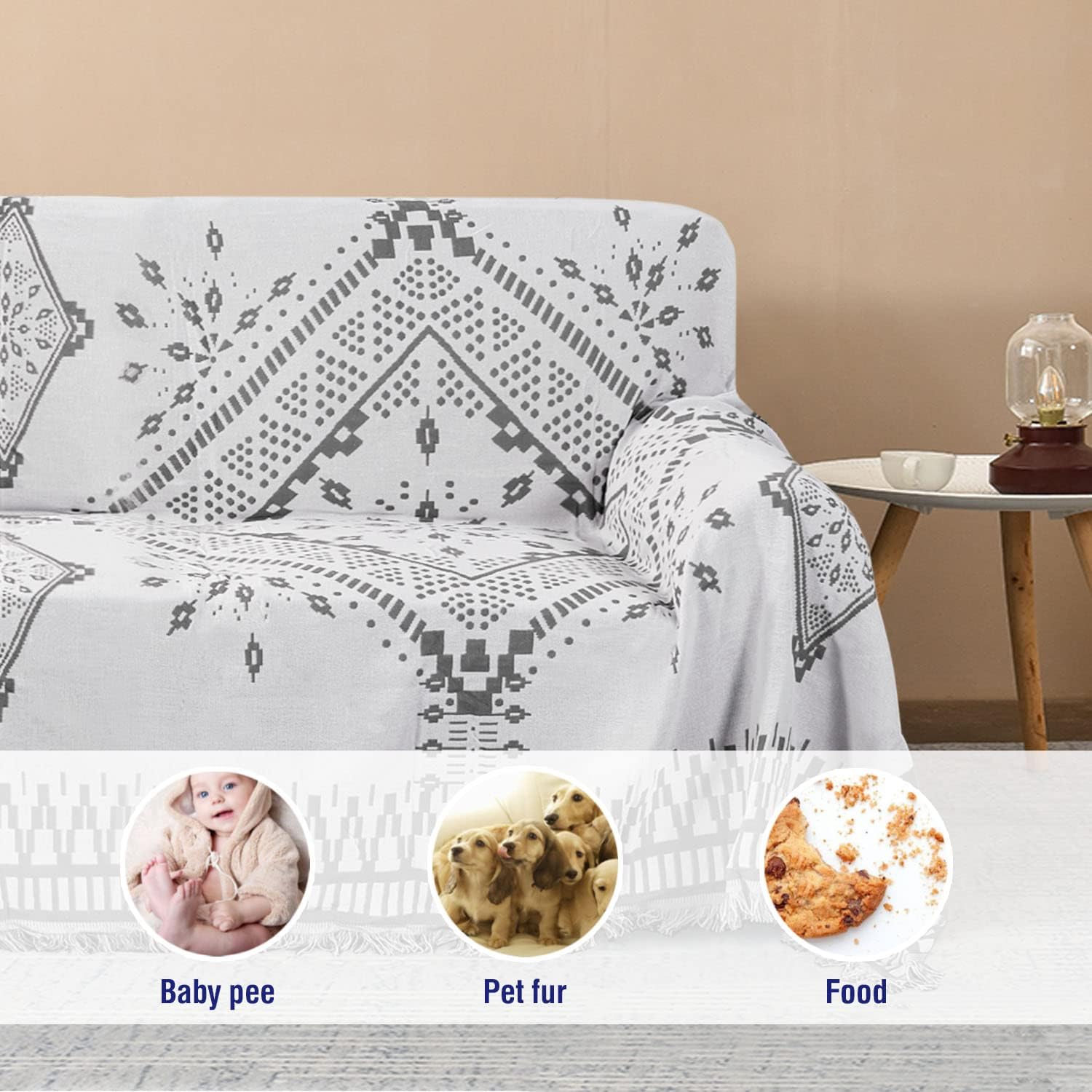 H.VERSAILTEX Reversible Sofa Cover Couch Cover for Dog Sofa Slipcover for Most Shape Sofa Furniture Protector with Tassels Sectional Couch Cover (Medium: 71" x 91", Dark Grey/White)