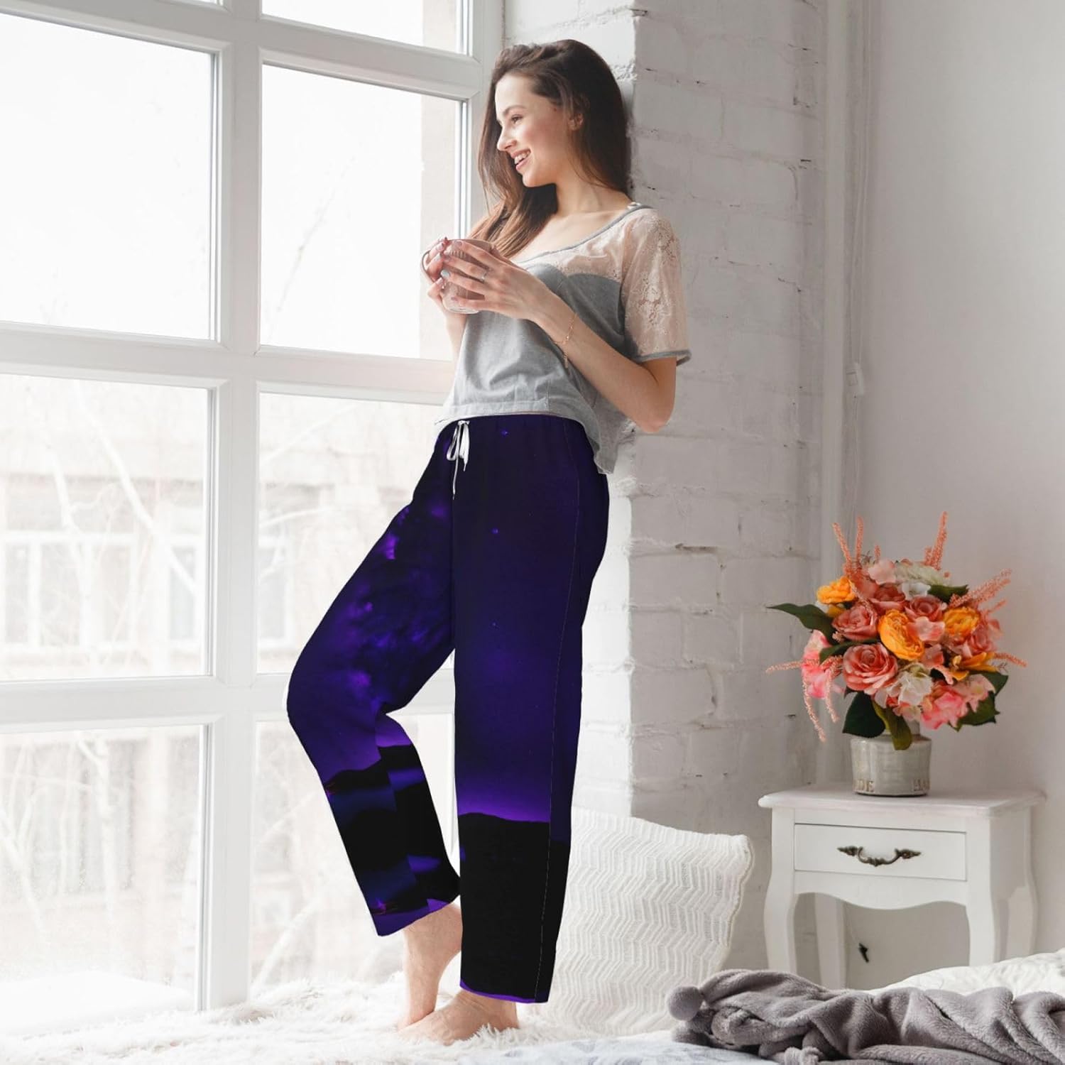 Purple Starry Sky Print Cozy Christmas Pajama Pants,Flannel Pajama Bottoms,Cater To Various Body Types