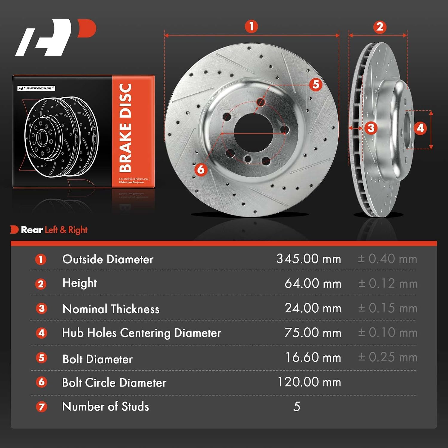 A-Premium 13.58 inch (345mm) Rear Drilled and Slotted Disc Brake Rotors Compatible with Select BMW Models - 535i, 535i GT, 535i GT xDrive, 550i, 550i/740Li xDrive, 740i, 740Li, 640i, 650i, 2-PC Set