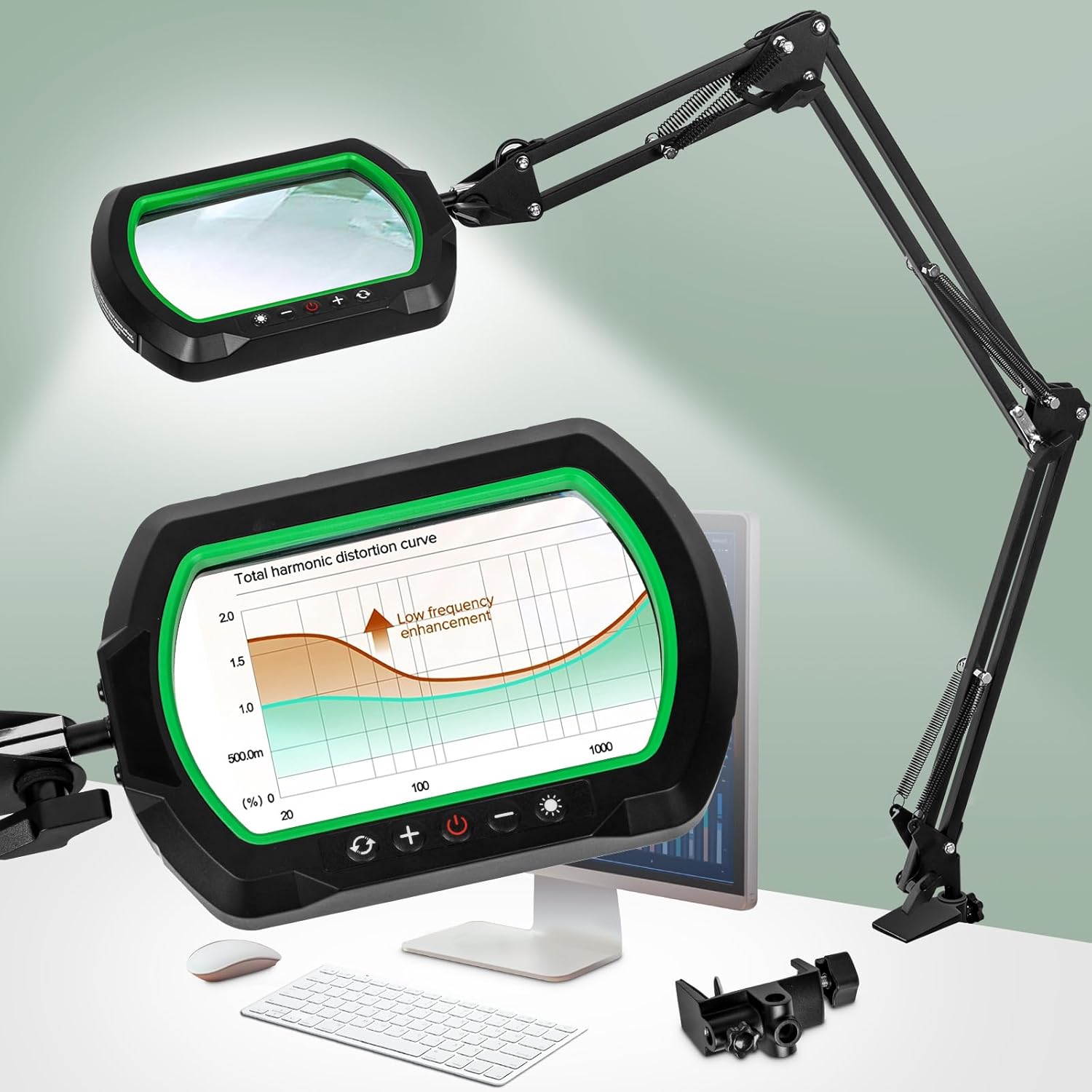 12X Ultra Long 3-Section Swing Arm Lighted Magnifying Glass, NUEYiO 5.3* 3.2" Rectangle Large Magnifier Lamp with Stand, 5 Color Mode, 4-way Metal Clip on Workbench Light for Reading Hobby Craft-Green