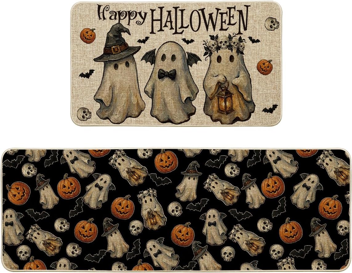 Artoid Mode Ghost Jack-O'-Lantern Skull Happy Halloween Kitchen Mats Set of 2, Home Decor Low-Profile Kitchen Rugs for Floor - 17x29 and 17x47 Inch