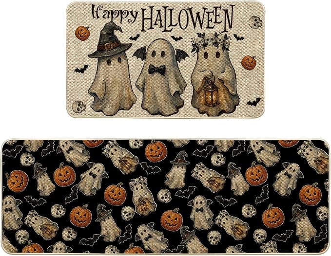 Artoid Mode Ghost Jack-O'-Lantern Skull Happy Halloween Kitchen Mats Set of 2, Home Decor Low-Profile Kitchen Rugs for Floor - 17x29 and 17x47 Inch