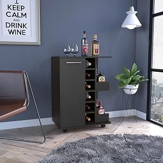 32" H Bar-Coffee Cart with Cabinet Storage, 4 Locking Casters – 1 Divided Storage (1 Shelf), 1 Folding Door, 6-Bottle Vertical Division & 2 Aluminum-Front Side Shelves,Black