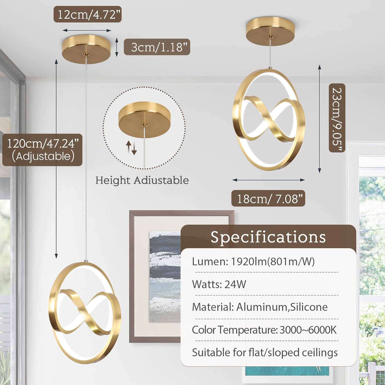 3000~6000k modern pendant light fixtures, led pendant lights kitchen island lighting adjustable height gold hanging lights for dining room kitchen bedroom, 1pack gold,3000~6000k hardwired,1pack