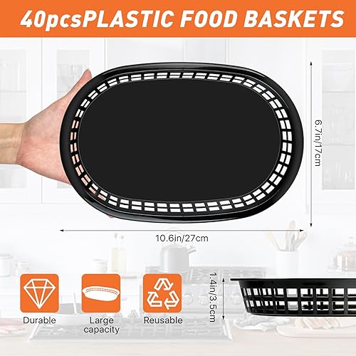 Miniatura 3 de Elesunory Paquete de 40 cestas de comida rápida, 10.6 x 6.7 pulgadas, cesta ovalada de plástico para servir alimentos, cestas de alimentos para