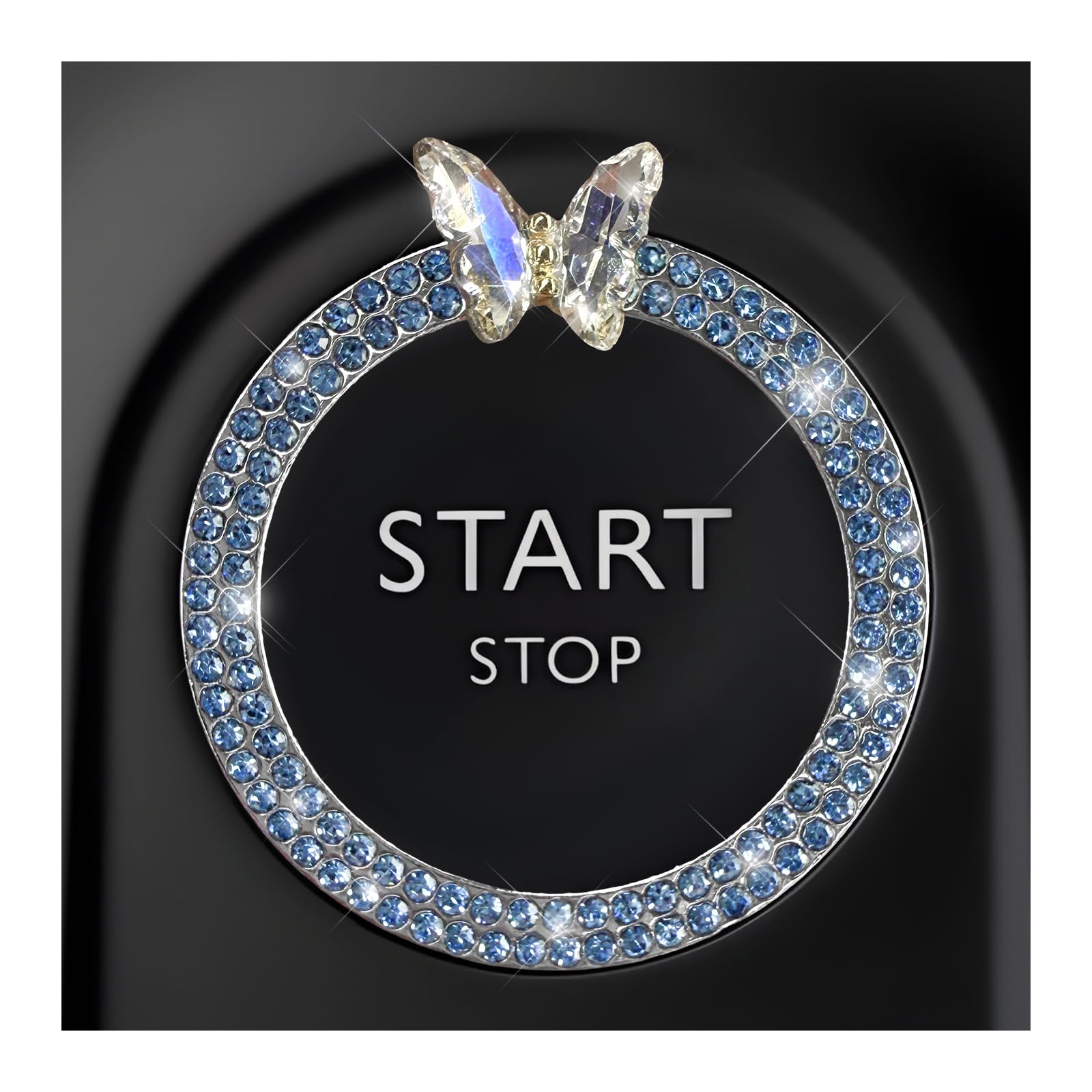 DXNQ Bling Ring Emblem, Sparkling Butterfly Car Buttons and Knobs Ring, Girly Butterfly Diamond Car Engine Start Button Cover, Key Ignition Knob Rings Decoration for Women (Blue, Double Row)