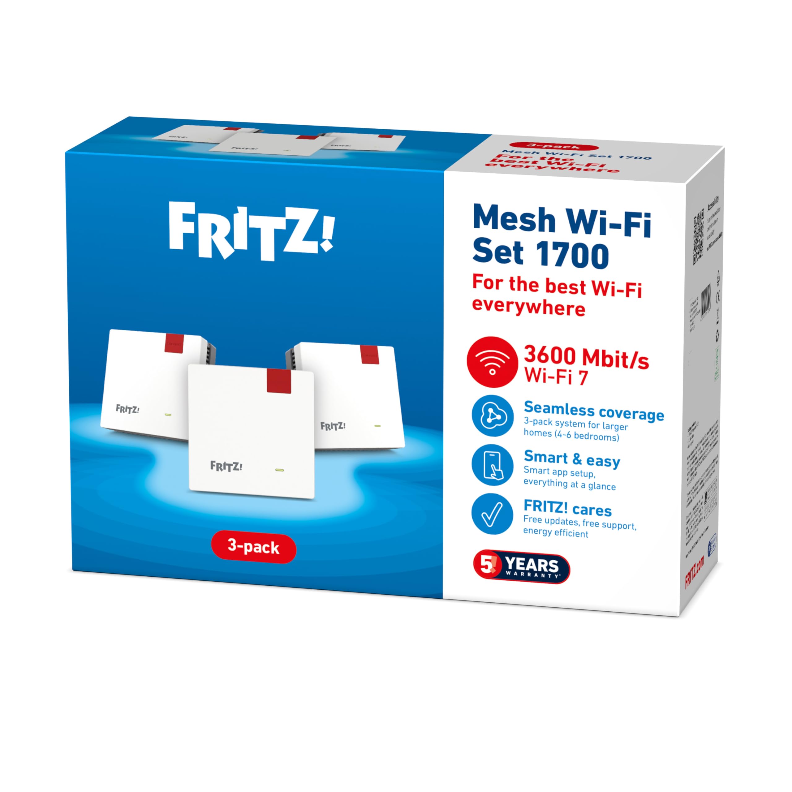 FRITZ!Mesh Set 1700 da 3 | Wi-Fi 7 fino a 3.600 Mbit/s | Copertura Wi-Fi per 5-7 stanze | Ideale per router Internet o modem per fibra ottica (ONT) | Configurazione semplice | Made in Europe