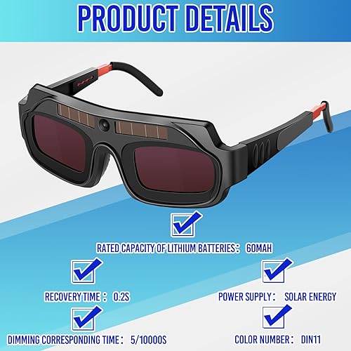 Miniatura 5 de Copkim Gafas de soldadura con oscurecimiento automático de energía solar, gafas de soldadura autotintadas con 2 sensores de arco y correa