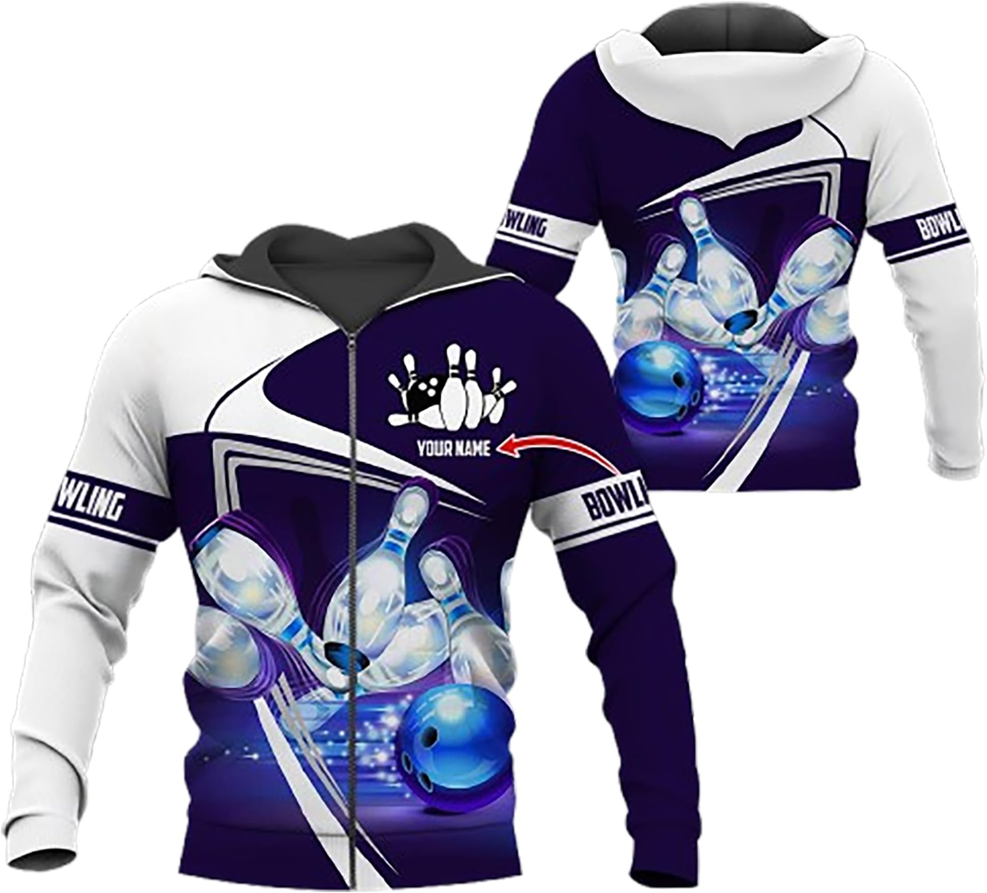 Personalized Name Bowling Sport Men's Fleece Hooded Sweatshirt 3D, Custom Text Skittles Printed Pullover Hoodie Men 26-NHD41