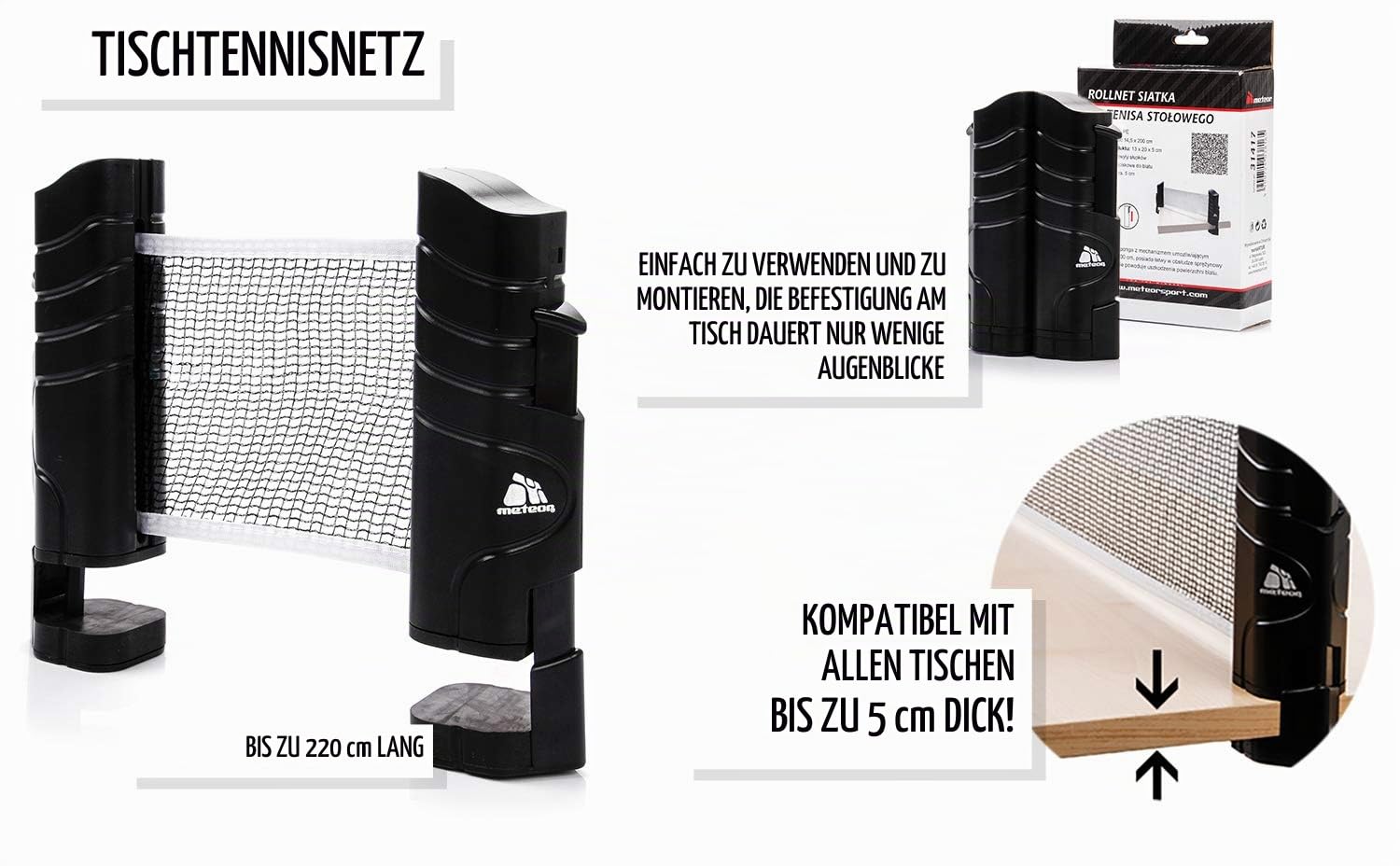 meteor Tischtennisnetze Set ausziehbar Tischtennis Netze Schwarz - Einziehbares Netz - einstellbare Länge mobiles tischtennisnetz für jeden Tisch