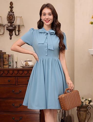 Miniatura 3 de Vestido de cóctel vintage para mujer con solapa de muesca y cuello en V, vestido swing de los años 50 y 60 con botones, estilo Rockabilly
