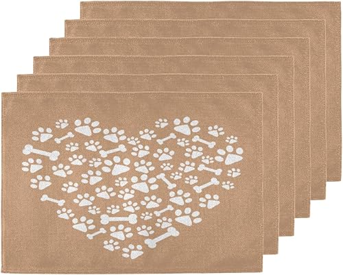 Cute Dog Paw Print Placemats for Dining Table Heart Paw Print Cloth Placemats Set of 6 Heat Resistant Washable Table Place Mats 12 x 18 Inch