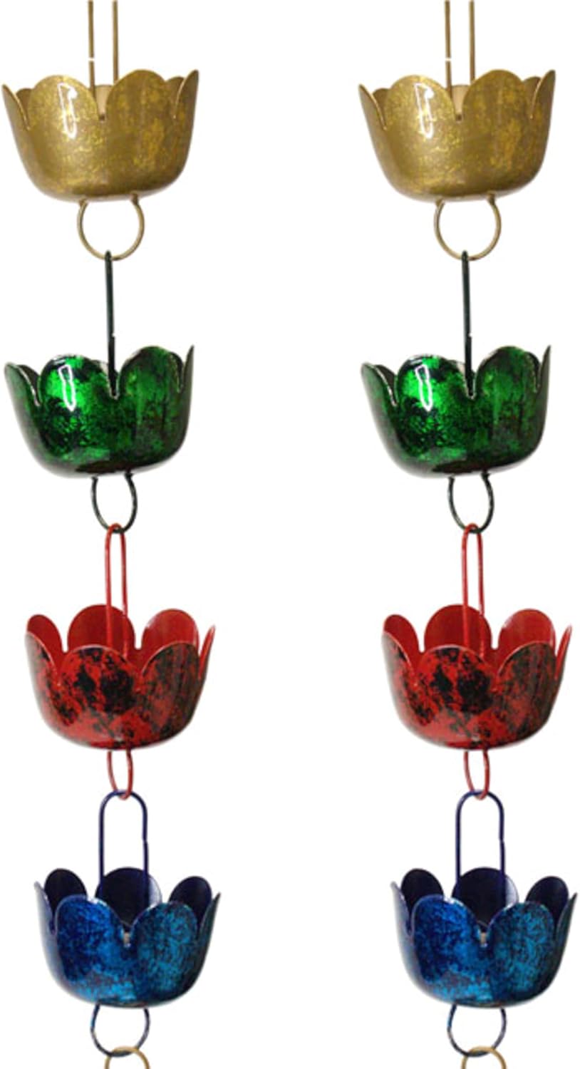 BestNest Ancient Graffiti Lily Rain Chains, Multicolored, Pack of 2 – 104" Steel Rain Chains with Multicolor Cups, Floral Scalloped Design, Gutter Clips Included, Durable Outdoor Downspout Alternative