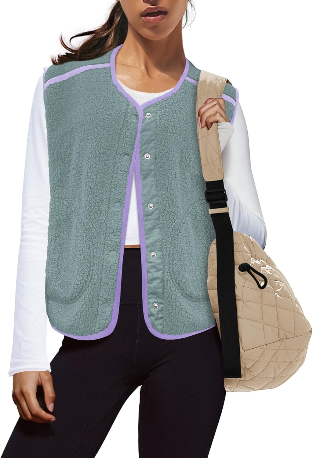 Panadila Womens Fuzzy Fleece Vest Oversized Sleeveless Sherpa Jacket Color Block Tops Button Down Outerwear with Pockets - Image 2