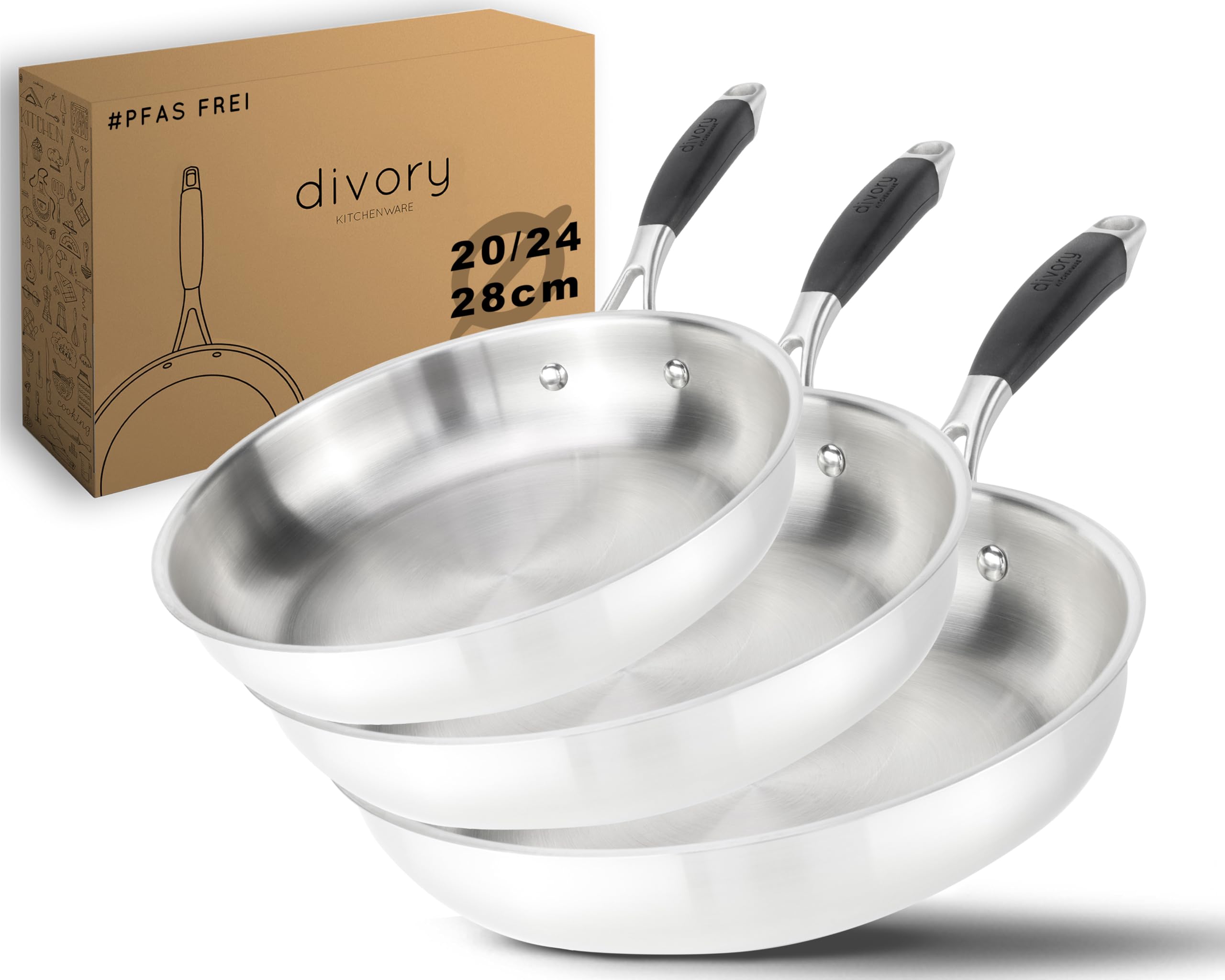 DIVORY Set di padelle in acciaio inox da 20, 24 e 28 cm – Padelle senza rivestimento, prive di PTFE e PFOA, in acciaio inossidabile (PURA)