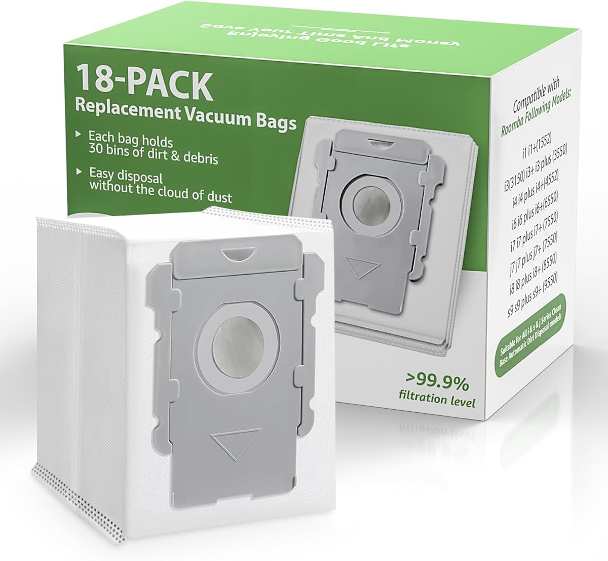 18 Pack Vacuum Bags for iRobot Roomba i7 i7+ i8 i8+ i3 i3+ i4 i4+ j7 j7+ j9+ s9 105 405 505 705 Combo, i, s, j, 100, 400, 500, Max 705 Combo Vac Series, All Clean Base Automatic Dirt Disposal Bags